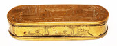 A brass 17th C. Dutch tobacco box with a naughty text.