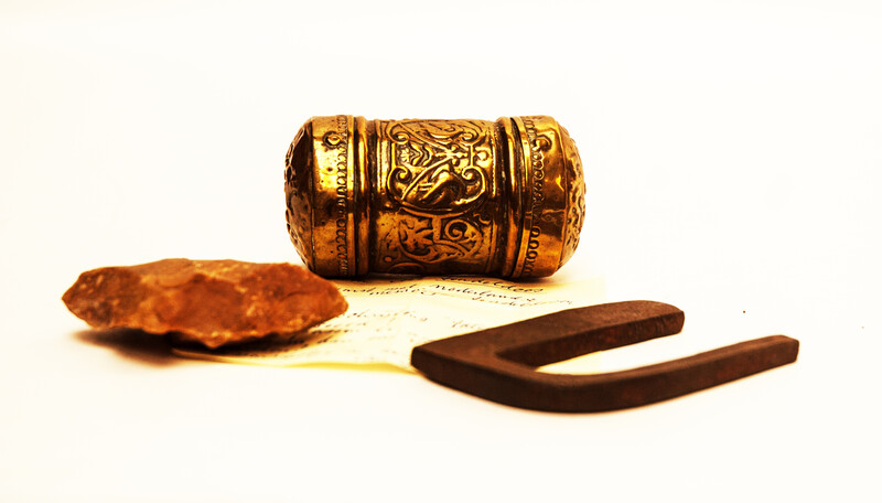 A brass tinderbox with flint and steel Dutch eighteenth century.