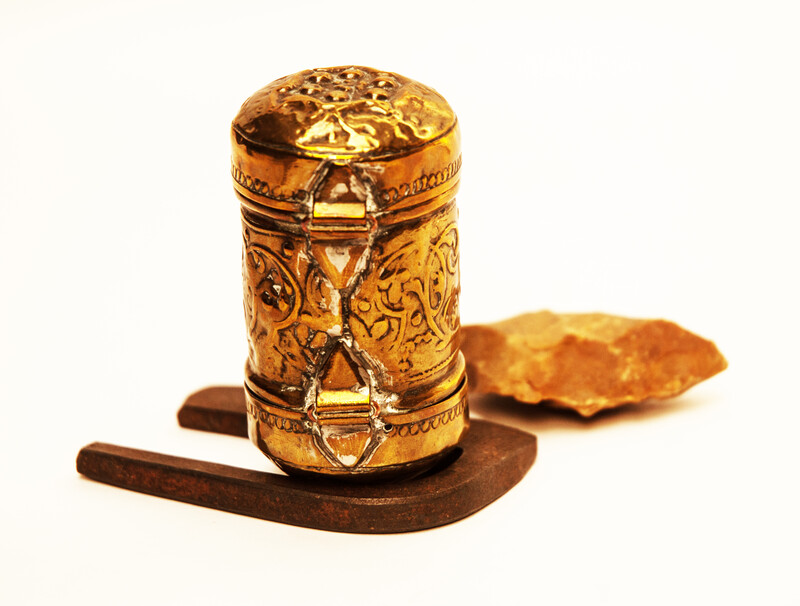 A brass tinderbox with flint and steel Dutch eighteenth century.