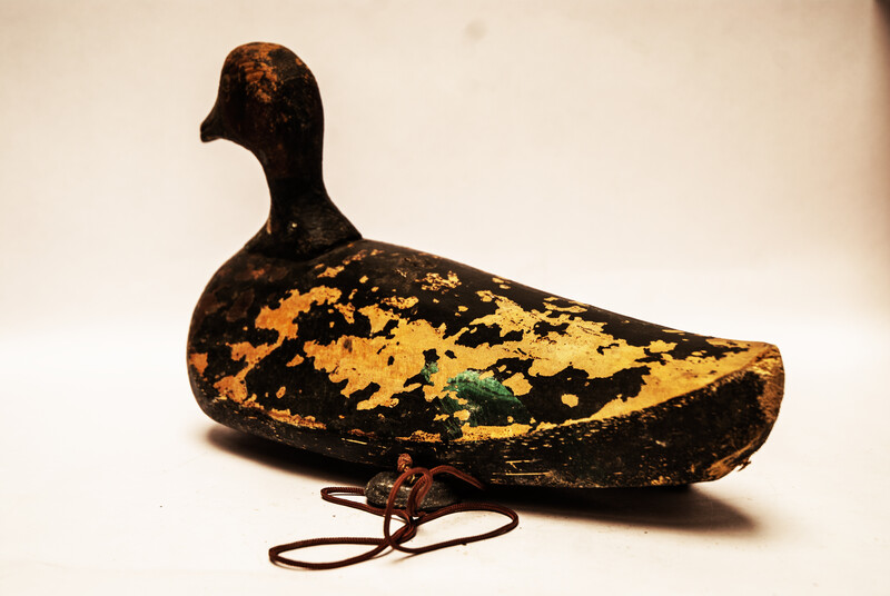 A nineteenth century Dutch wooden decoy duck with lead weights.