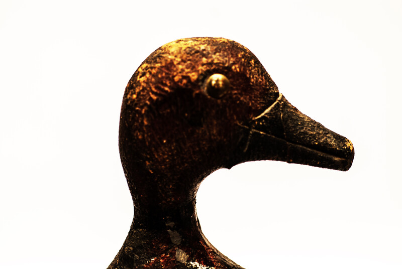 A nineteenth century Dutch wooden decoy duck with lead weights.