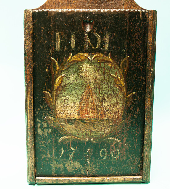 A painted oak schoolbox dated 1790.