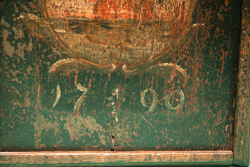 A painted oak schoolbox dated 1790.