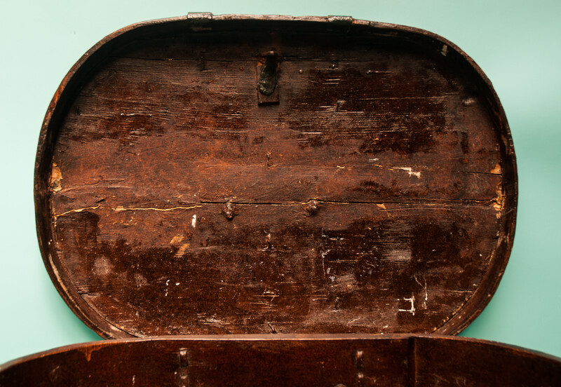A painted ships-chest. Re-inforced with wrought iron. And dated 