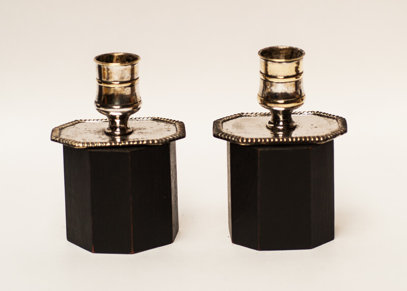 A pair of silver plated 18th Century Dutch church bench candlesticks.