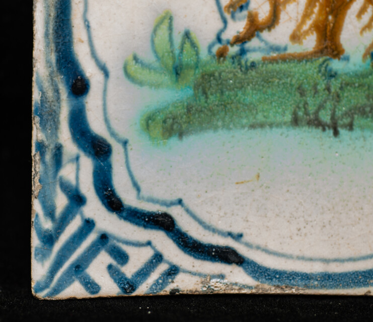 A polychrome early 17th C. tile with a rabbit.