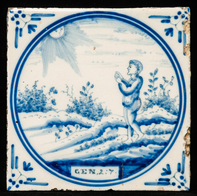 A rare biblical Delft blue tile with Adam listening to His Masters Voice in paradise. From  Genesis 2:7.