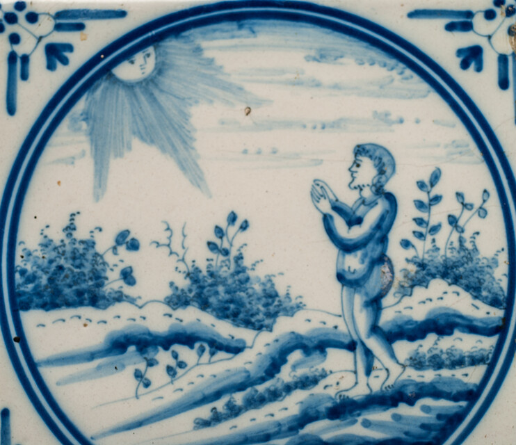 A rare biblical Delft blue tile with Adam listening to His Masters Voice in paradise. From  Genesis 2:7.