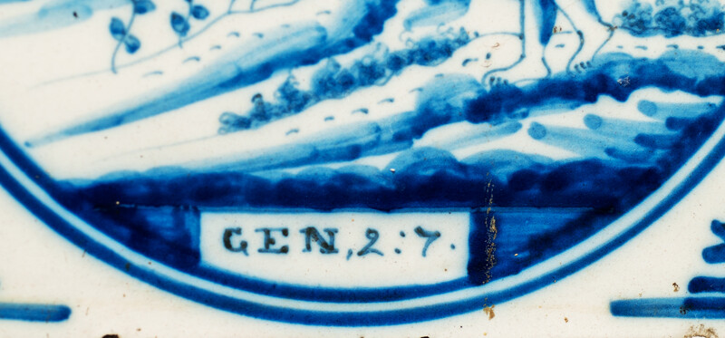 A rare biblical Delft blue tile with Adam listening to His Masters Voice in paradise. From  Genesis 2:7.