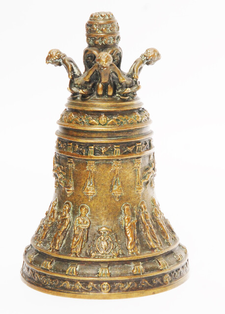 A superb bronze bell with the twelve apostles and many angels.
