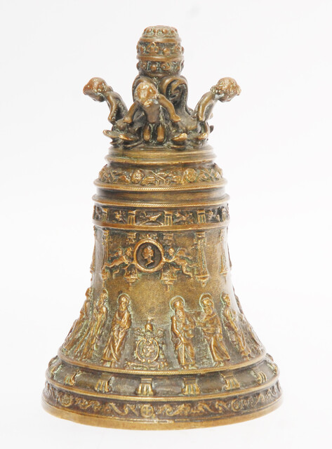 A superb bronze bell with the twelve apostles and many angels.