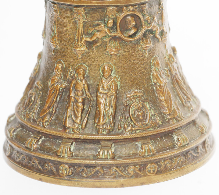 A superb bronze bell with the twelve apostles and many angels.