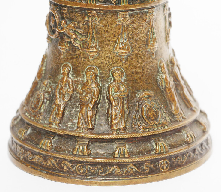 A superb bronze bell with the twelve apostles and many angels.
