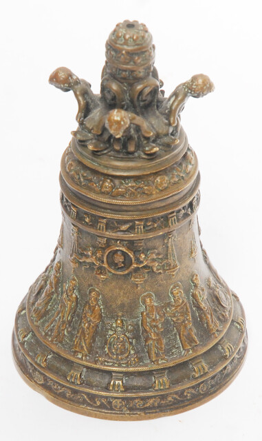 A superb bronze bell with the twelve apostles and many angels.