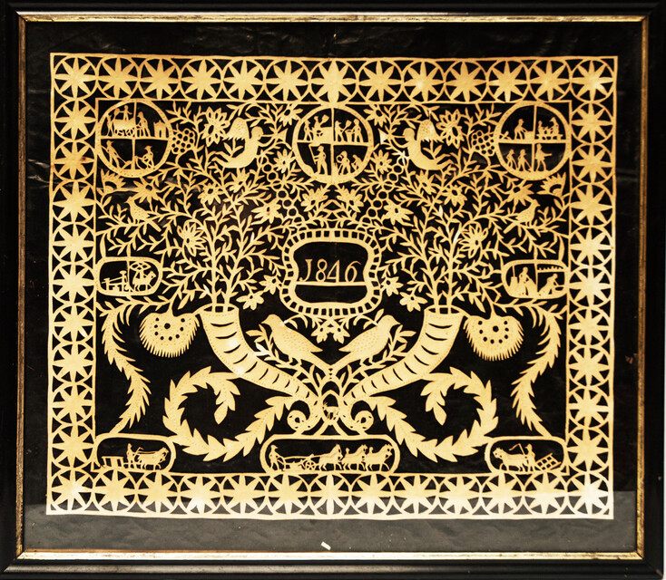 A very rare Dutch paper cutting with exquisite scenes of rural life and dated 1846.