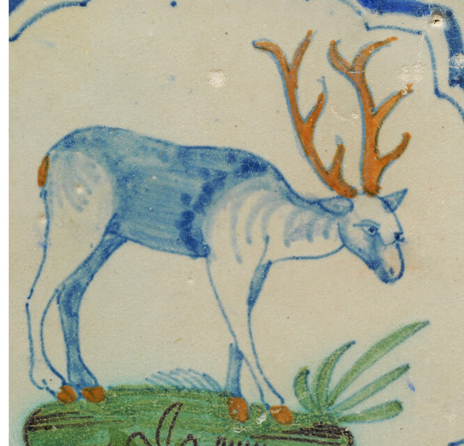 A very rare polychrome early seventeenth century Delft tile with a hart.