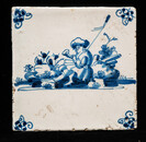 An 18th century Delft blue tile of a shepherd playing a shawm.