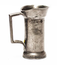 An 18th century pewter measuring can of 50 cc with various hallmarks.