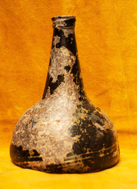 An early 18th C. wine bottle from a Dutch shipwreck.