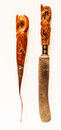 An early 19th C fork and knife from Zeeland with boxwood handles of a pelican.