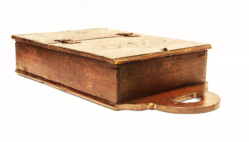 An eightteenth century oakwood schoolbox with initials WBM from the province of Zeeland.