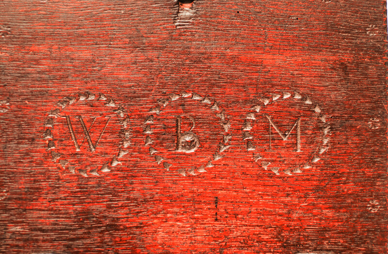 An eightteenth century oakwood schoolbox with initials WBM from the province of Zeeland.