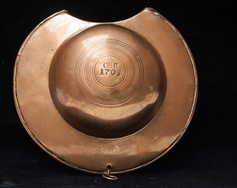 An extremely rare brass bleeding bowl with initials and dated 1795. 