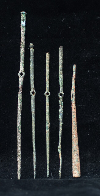 Five bronze Roman needles found in an excavation on the island of Cyprus. Second Century before Christ.
