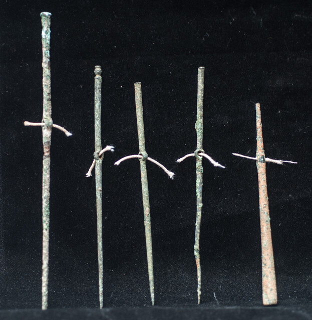 Five bronze Roman needles found in an excavation on the island of Cyprus. Second Century before Christ.