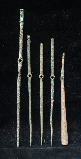 Five bronze Roman needles found in an excavation on the island of Cyprus. Second Century before Christ.