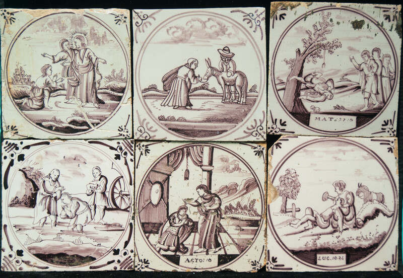 Six biblical manganese 18th C. tiles with scenes from the New Testament.
