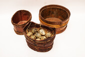 Three cooped and painted oakwood containers from Friesland.