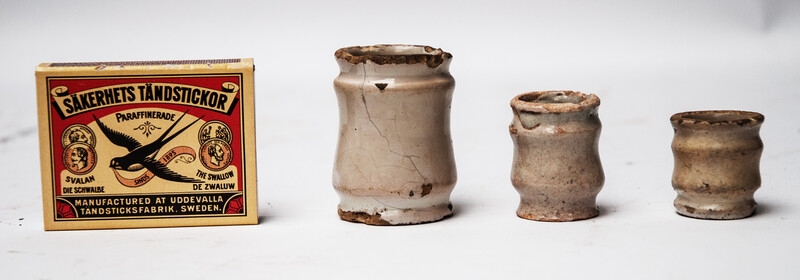 Three Delft white 17th C. albarello ointment jars.