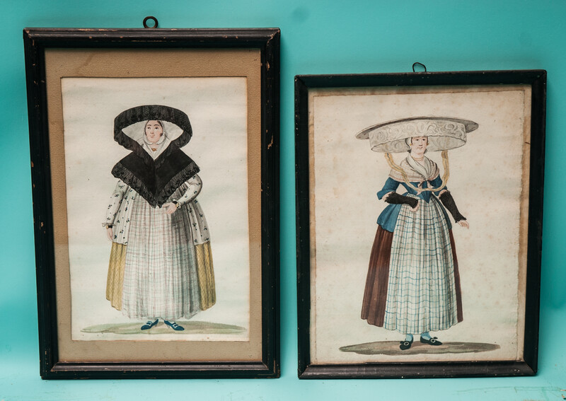 Two watercolours of Frisian ladies in 18th C. traditional dress by Quirinus van Amelsfoort.