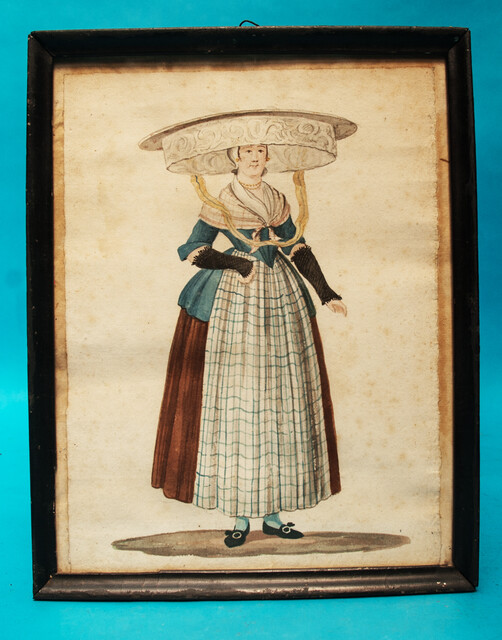 Two watercolours of Frisian ladies in 18th C. traditional dress by Quirinus van Amelsfoort.