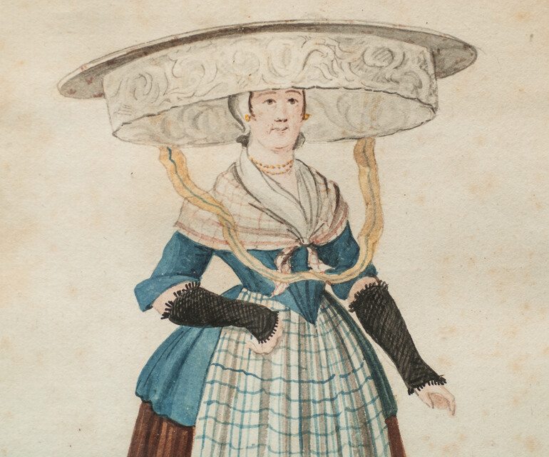 Two watercolours of Frisian ladies in 18th C. traditional dress by Quirinus van Amelsfoort.