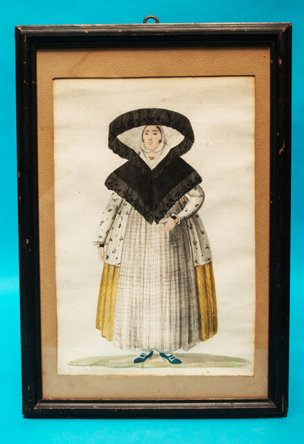 Two watercolours of Frisian ladies in 18th C. traditional dress by Quirinus van Amelsfoort.